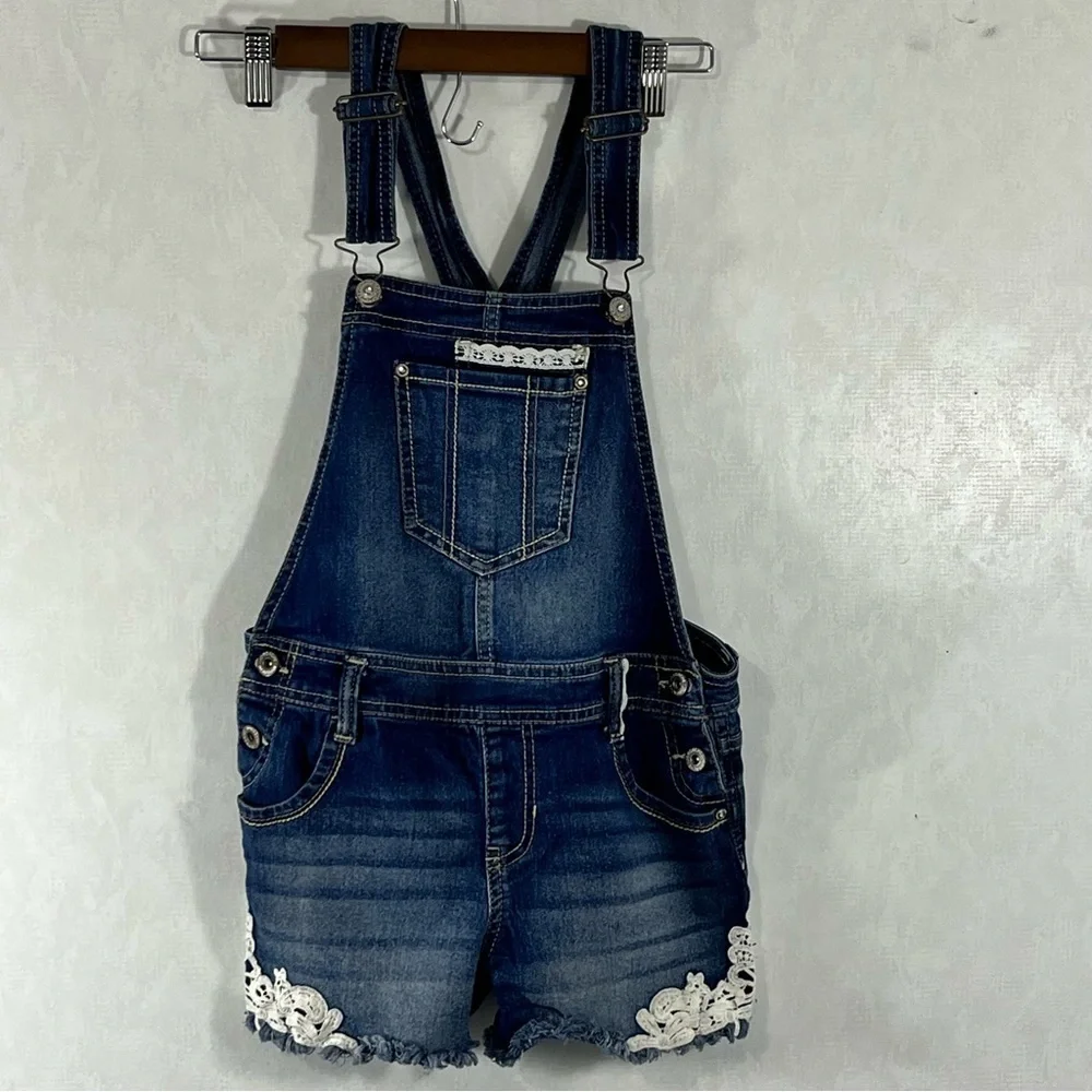 Jordache Dark Blue Kids Bib Overalls with Lace Trim Size L 10-12 - Picture 2 of 8